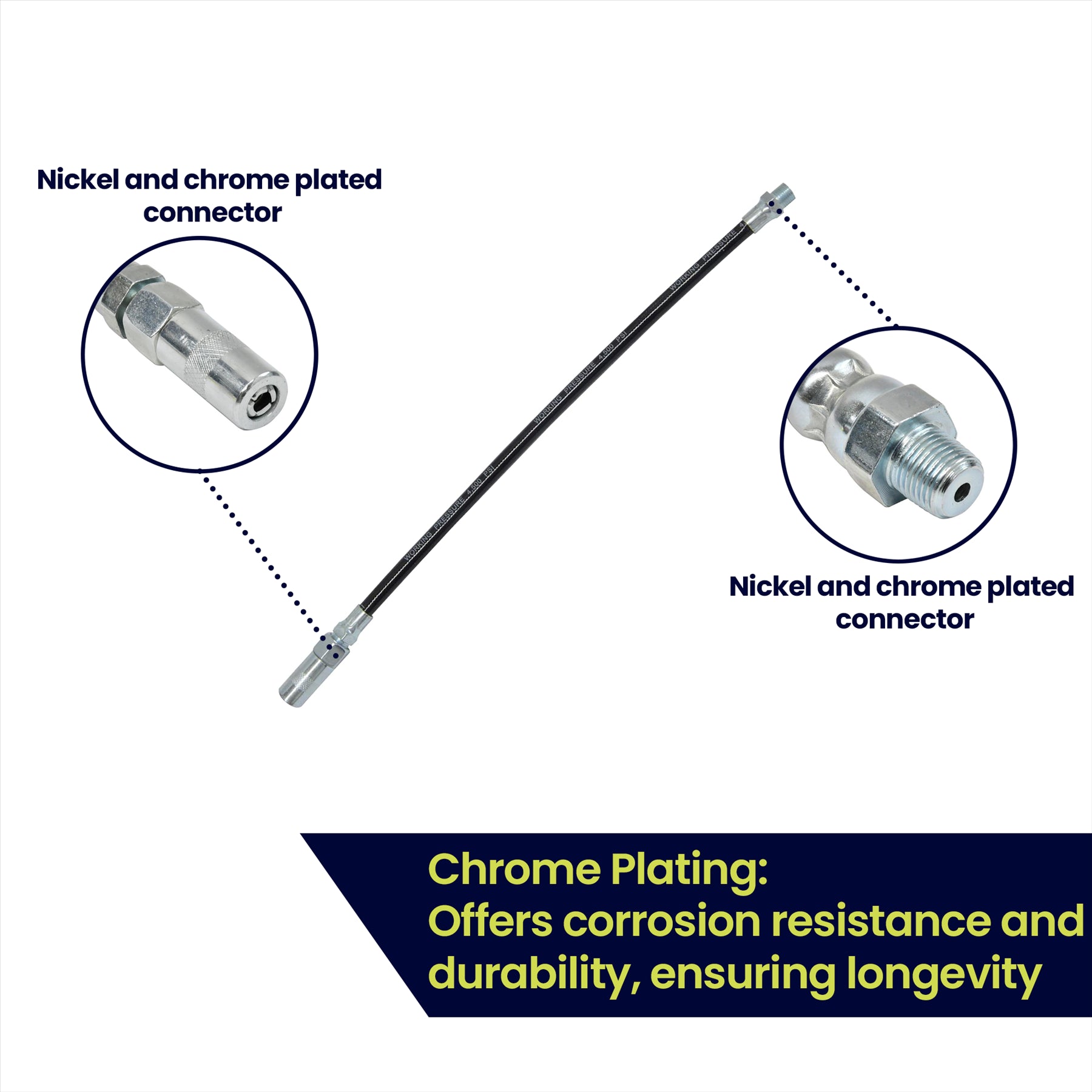 Delivery Hose Grease Gun Connector Flexible 300mm Long Chrome Plate Nozzle - Image 2