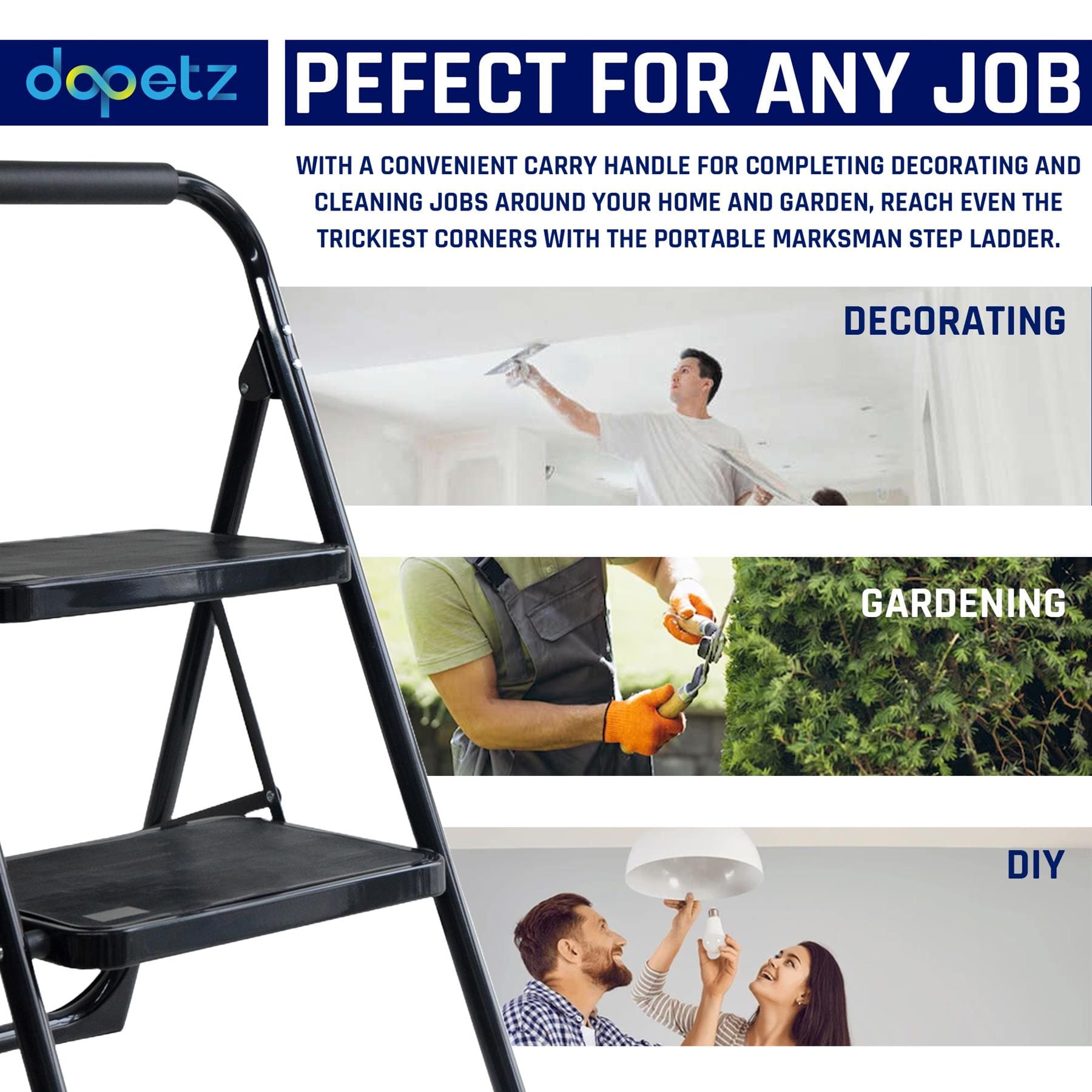 Foldable 2 Step Ladder Non Slip 2 Tread 475mm Safety Small Stool Ladders Kitchen - Image 3