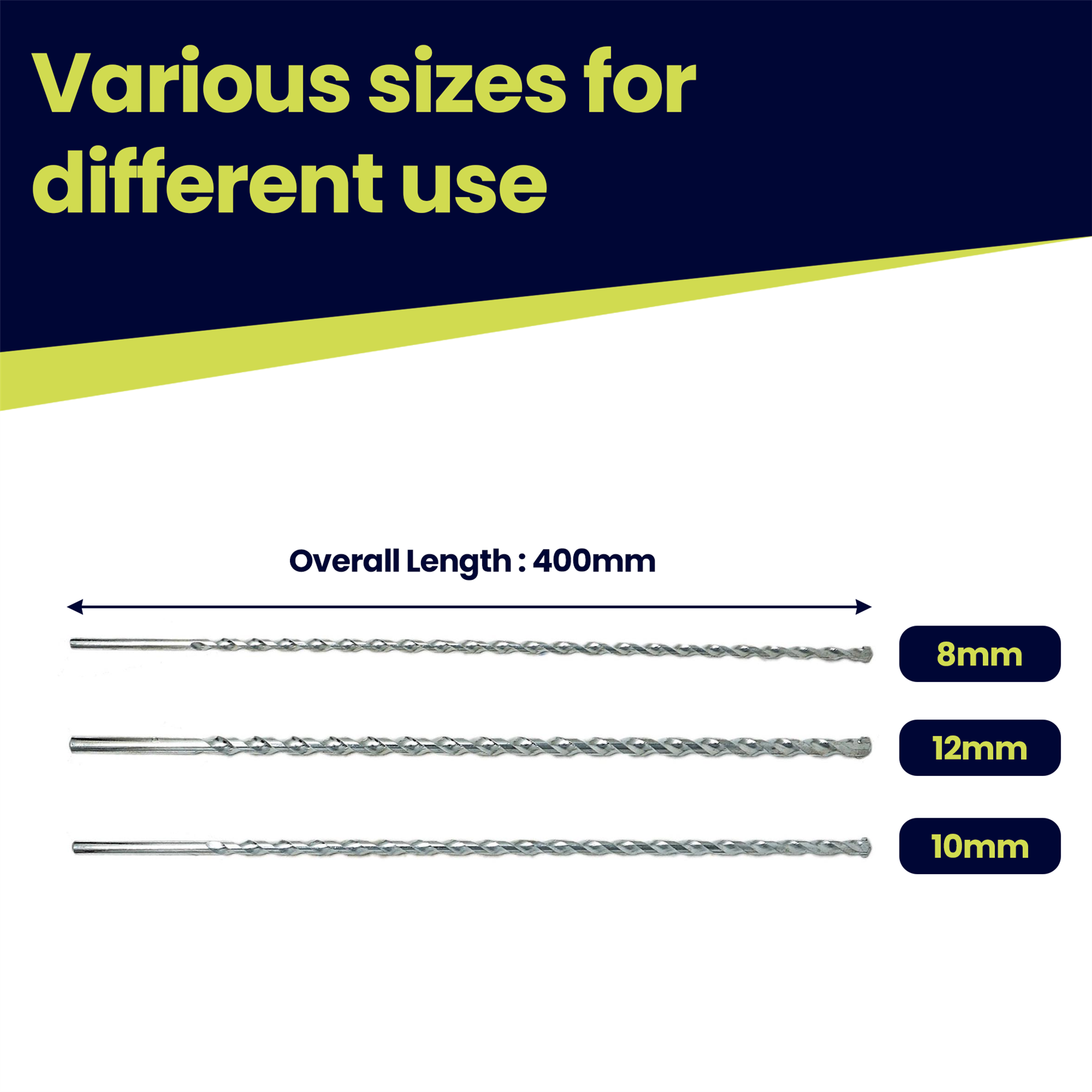 Masonry Drill Bits 400mm Long Sizes 8, 10, 12mm Masonry Wall Drilling Drill Bit - Image 2