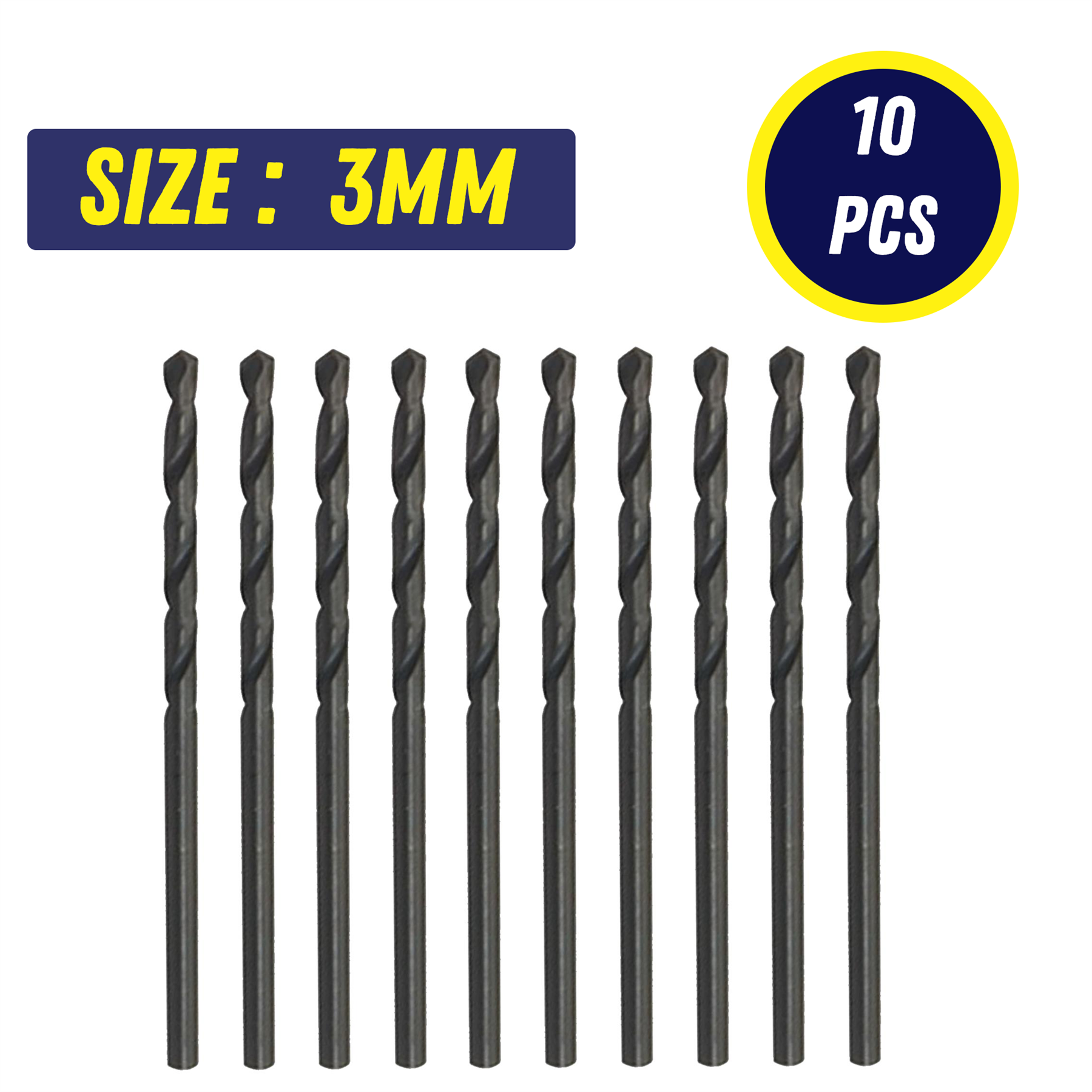 HSS Metric Jobber Drill Bits Box Of 10 (Pack) 3mm Metal Steel Wood Plastic
