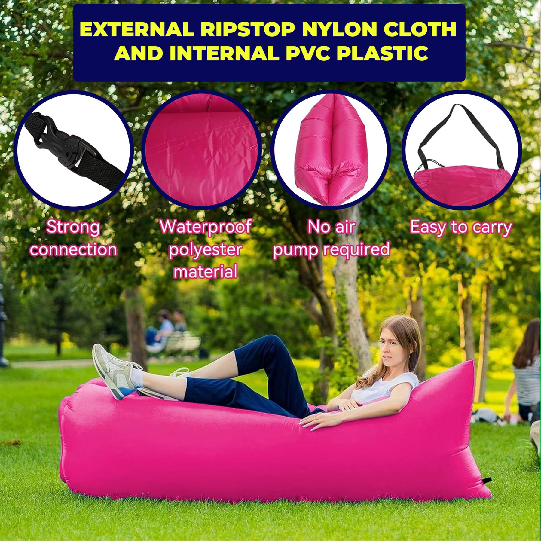Pink Inflatable Sofa Air Bag Lounger Chair Comfort Outdoor Camping Beach Relax - Image 3