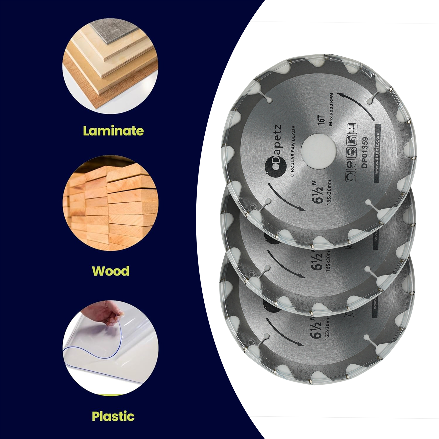 3 Piece TCT Circular Saw Blade Set 165 x 30 - 20, 16, 10mm Rings - Image 3