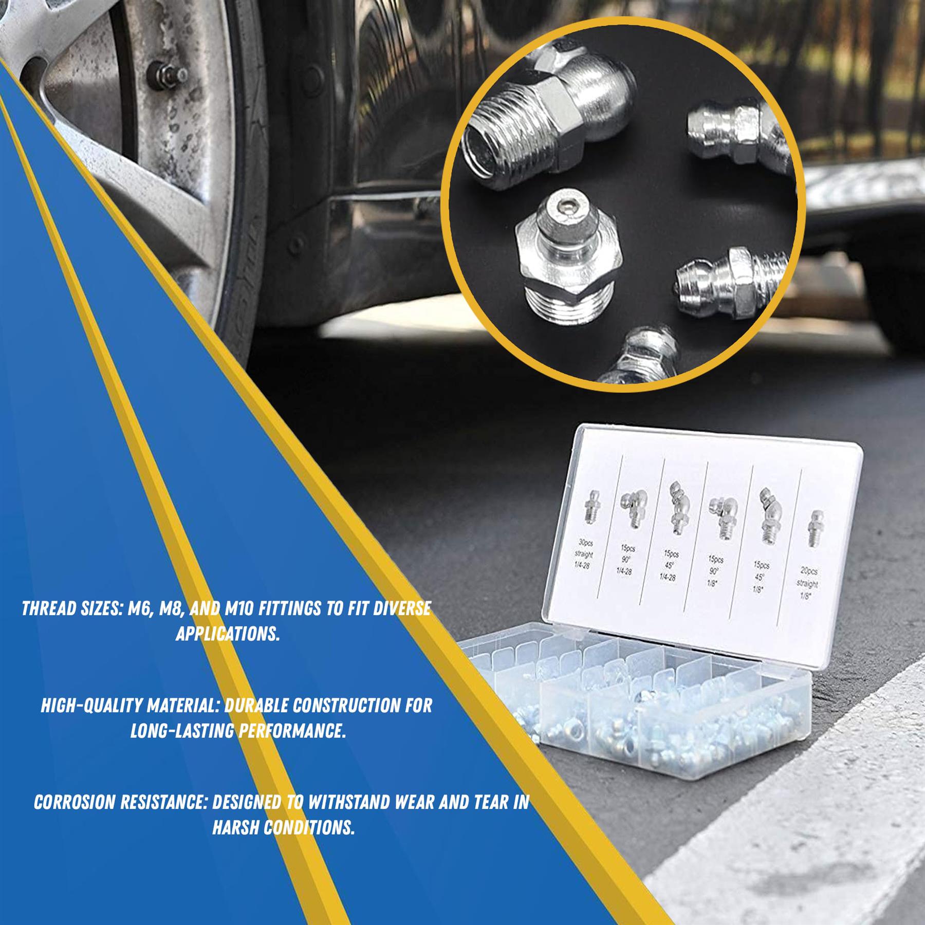 110Pc Grease Nipples Fittings M6 M8 M10 45° 90° Assorted Nipple Set Brand New - Image 2