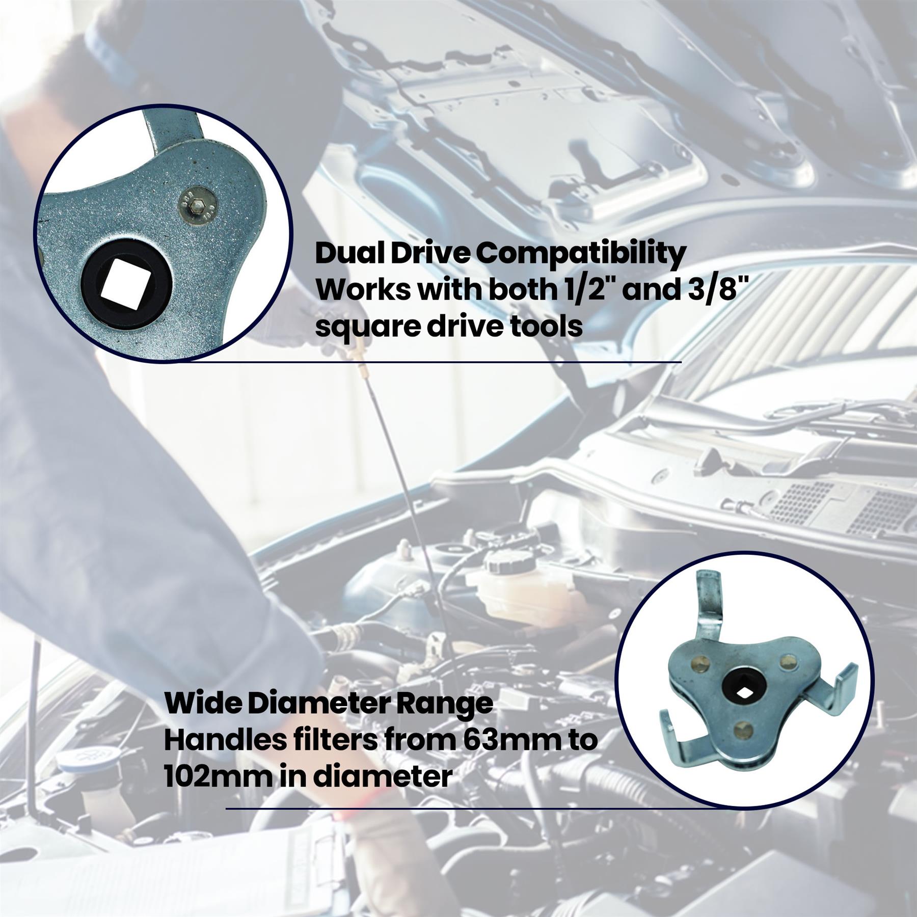 New 3 Leg 2 Way Oil Fuel Filter Wrench 63-102mm Dual Drive Removal Tool Remover - Image 4
