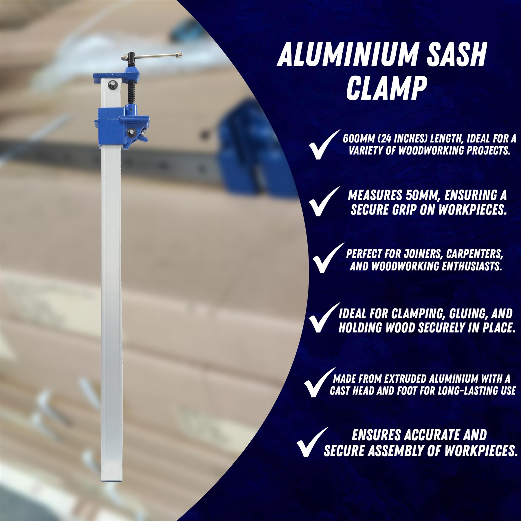 Aluminium Sash Clamp 600mm Adjustable Steel Bar Clamp Quick Slide Medium Duty Wood Clamp with Grip - Image 3