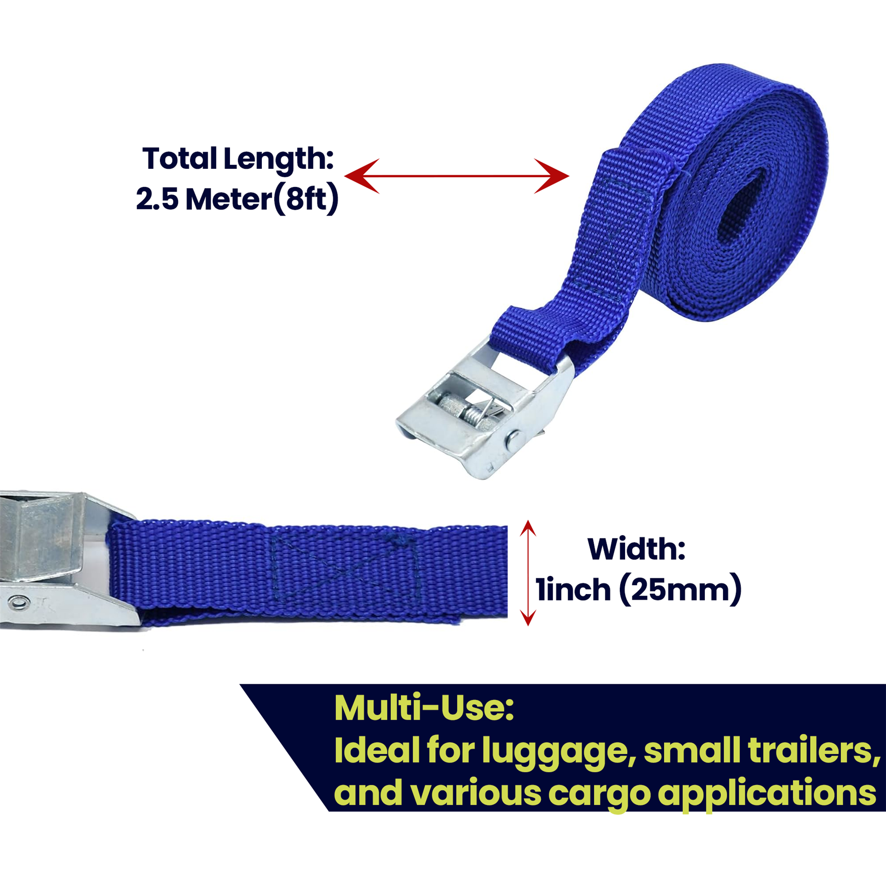 SET OF 2 LASHING STRAPS CARGO LUGGAGE TIE DOWN CAM BUCKLE ROOF RACK 2.5M X 25MM - Image 3