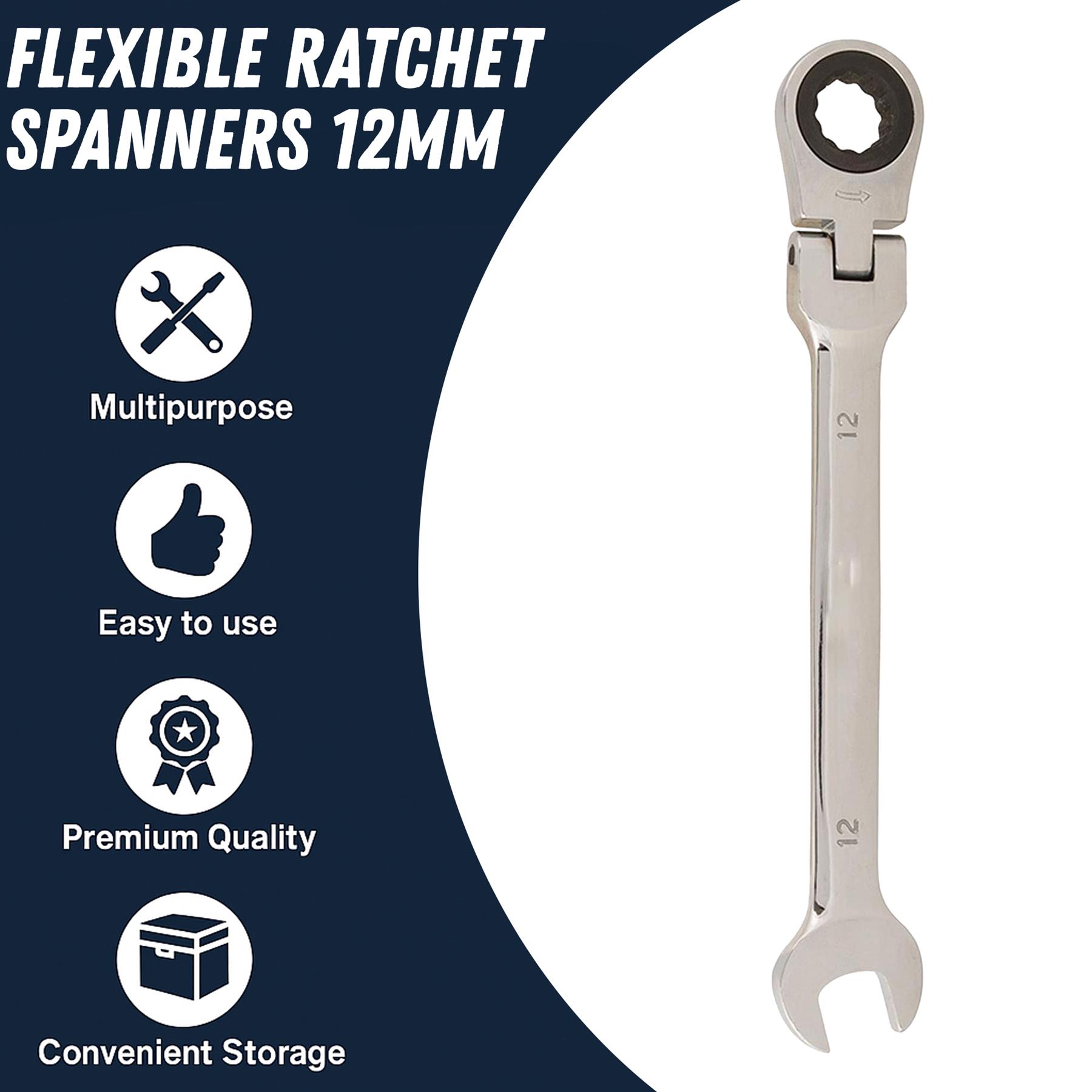 Flexible Head Ratchet Spanner 12mm Chrome Vanadium Steel Combination Wrench Open End Metric Spanner - Image 9