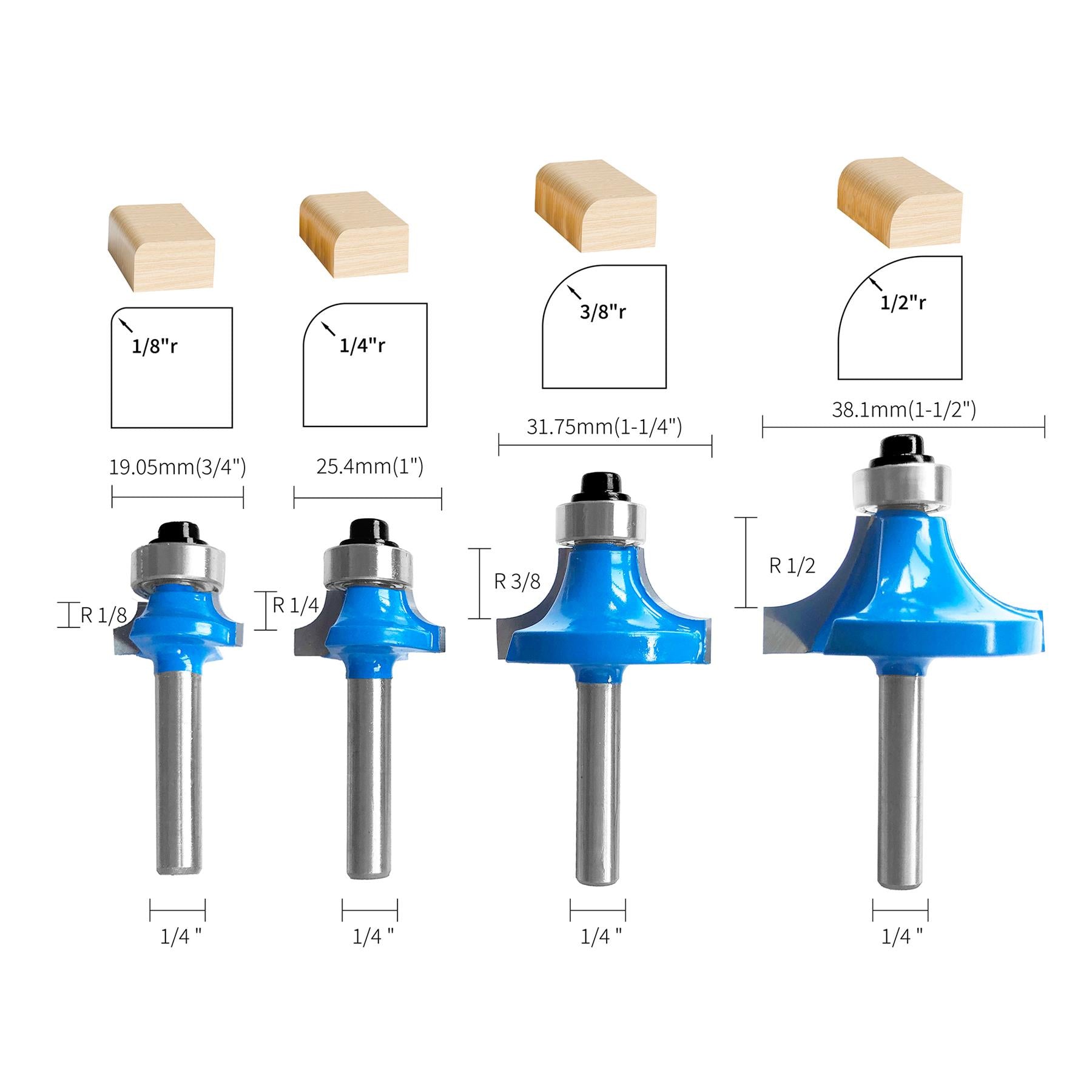 1/4" Shank Round Over Router Bit Set – 4Pc Woodworking Cutter - Image 2