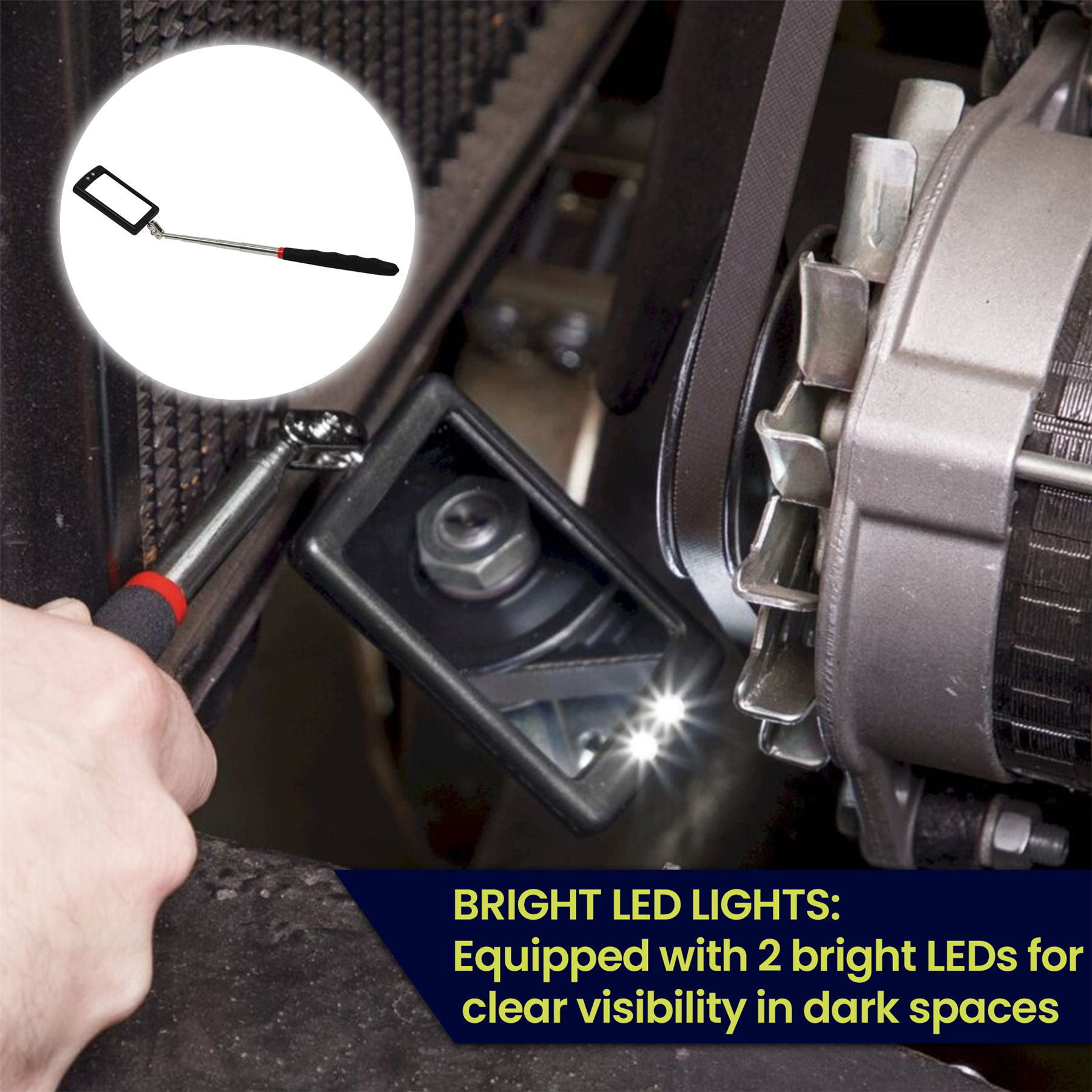 Telescopic Light Inspection Mirror With 2 Bright LED Grip Extends 29-87cm - Image 2
