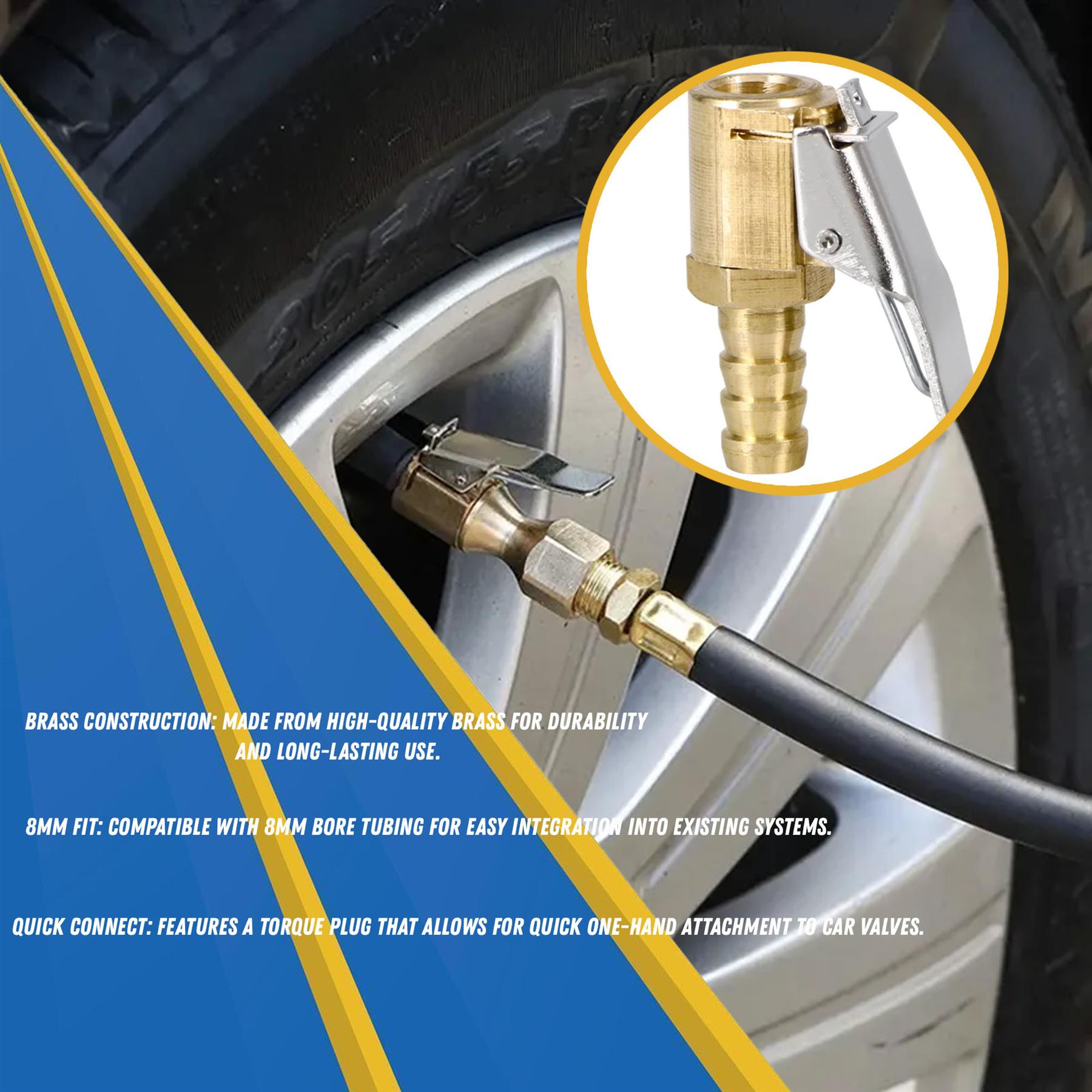 Brass 8mm Car Tyre Inflator Valve Connector Air Chuck Tire Clip Lock-on - Image 7