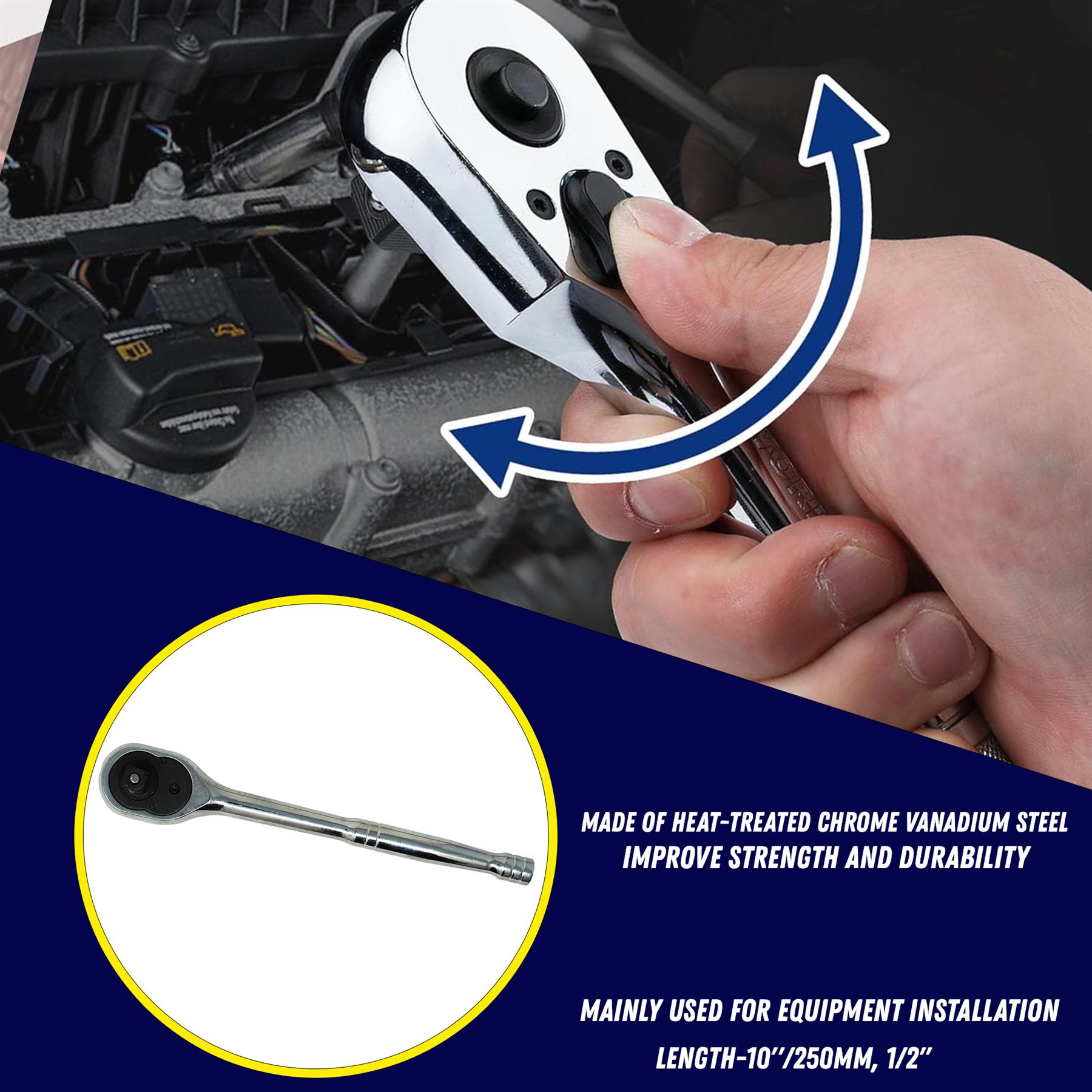 1/2 Inch Drive Socket Wrench Ratchet 10in 250mm Quick Release Chrome Vanadium Steel Auto Repair Tool - Image 4