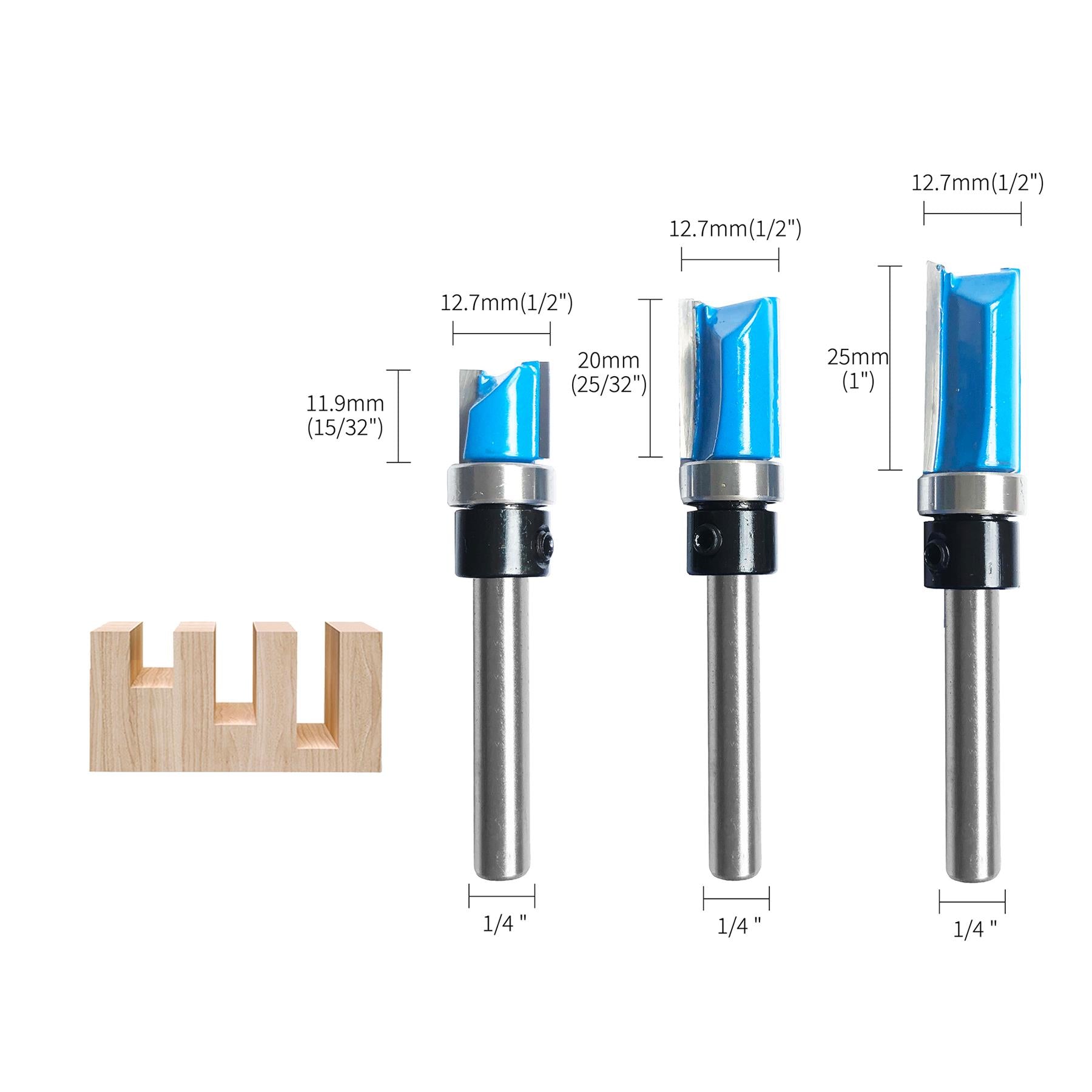 1/4'' Shank Flush Trim Router Bit Set – 3Pc Pattern Milling Cutter - Image 2