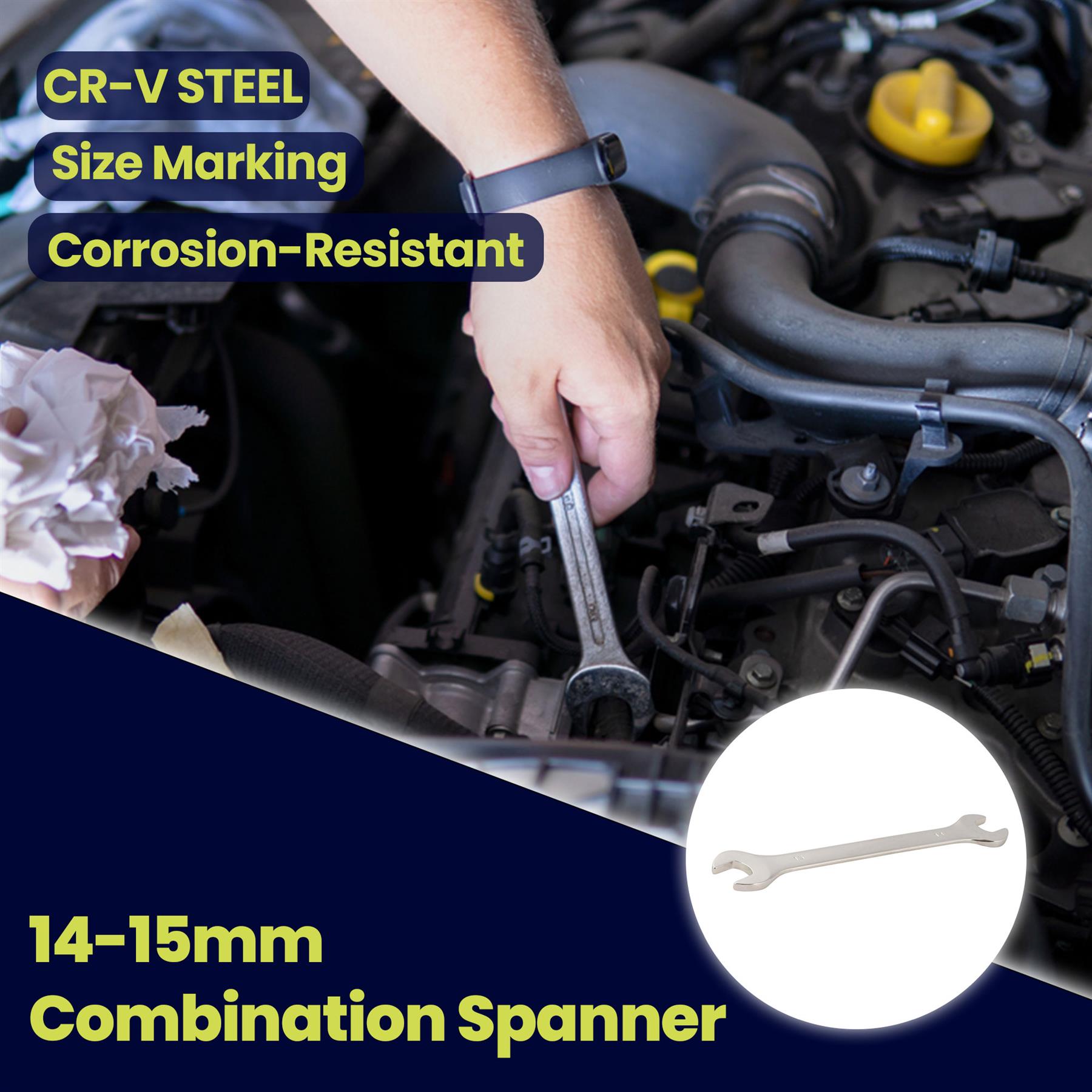 Fixed Head Combination Spanner Open Ended 14mm x 15mm Metric Polished CRV Garage - Image 5