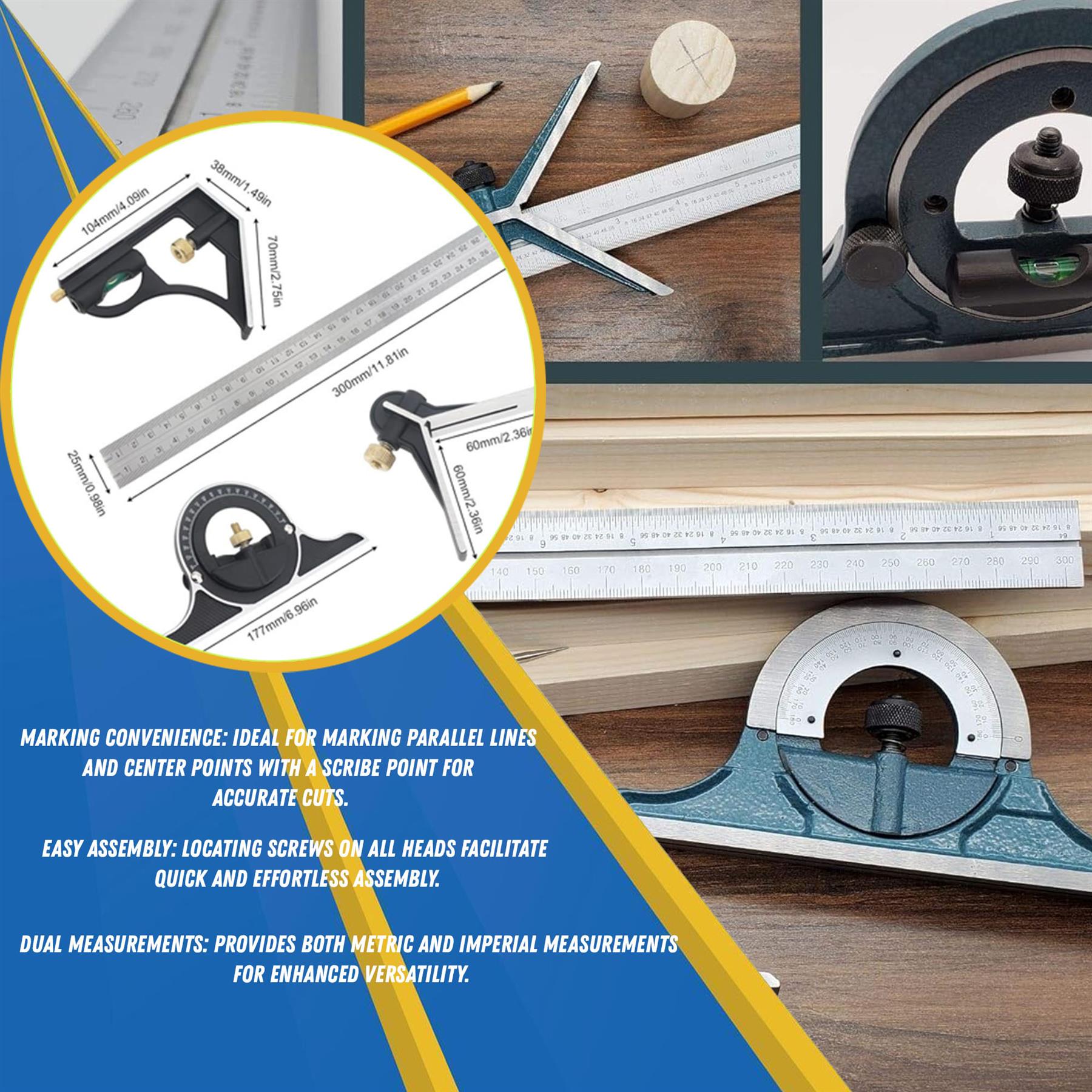 12in 300mm Combination Square Stainless Steel Adjustable Angle Ruler 180° with Bubble Level Tool - Image 2