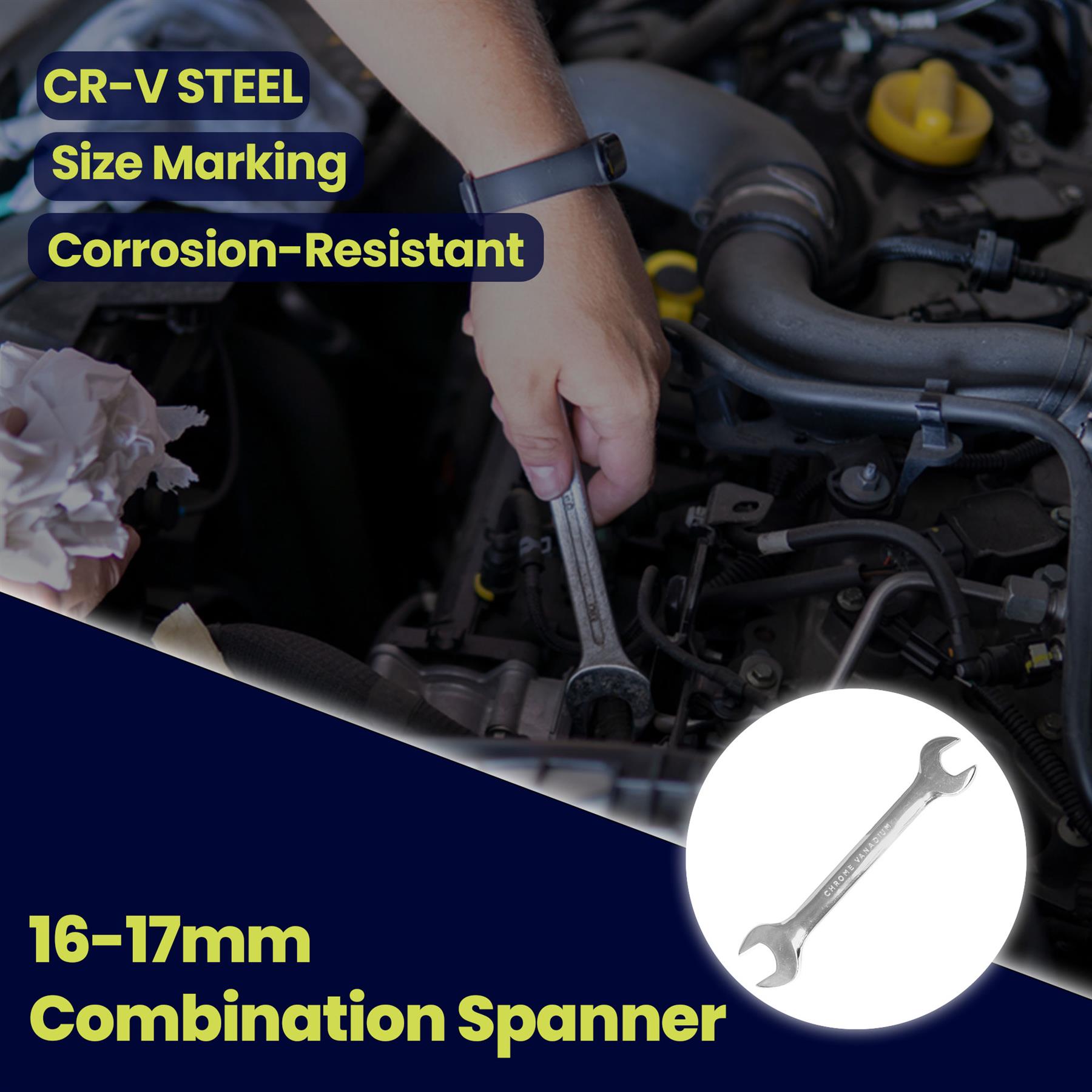 Fixed Head Combination Spanner Open Ended 16mm x 17mm Metric Polished CRV Garage - Image 3