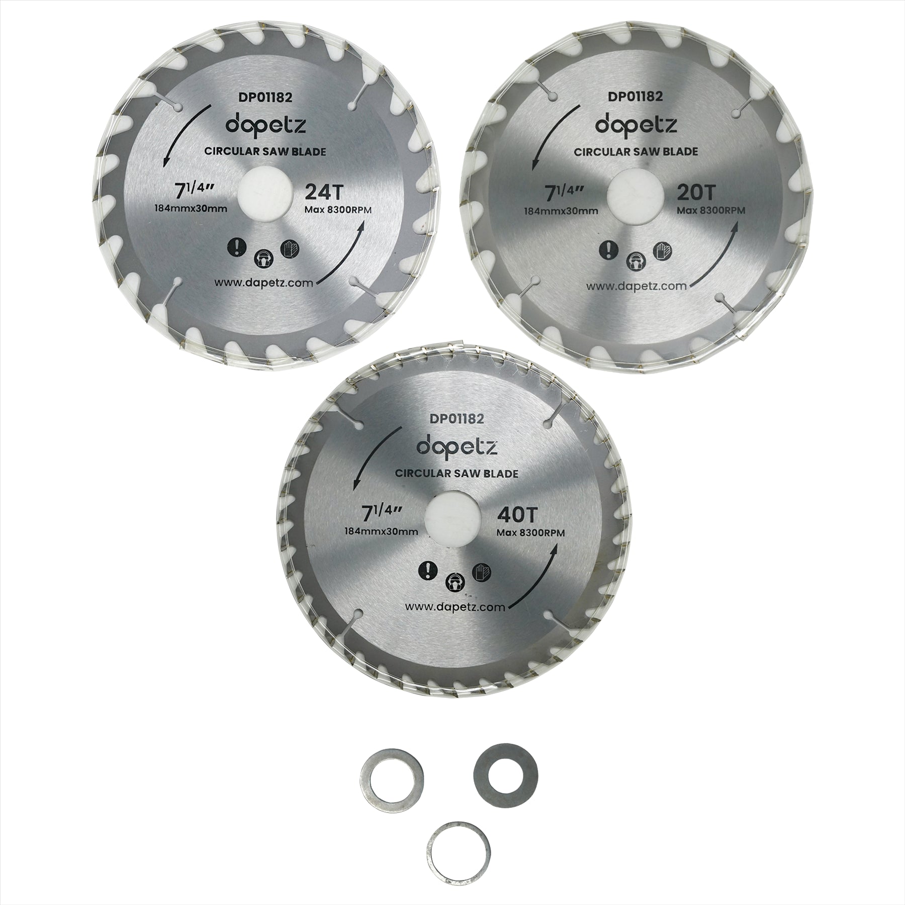 3Pc 184mm TCT Circular Saw Blades 20, 24 & 40 Teeth With Adapter O Rings 185mm - Image 6