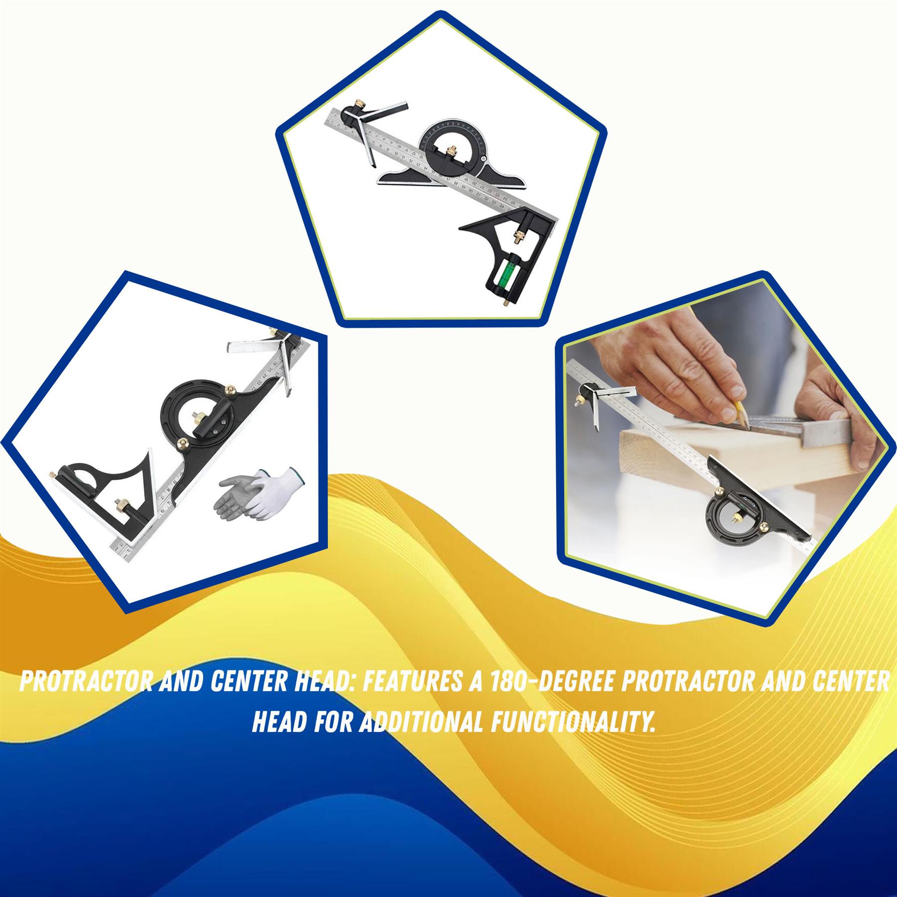 12in 300mm Combination Square Stainless Steel Adjustable Angle Ruler 180° with Bubble Level Tool - Image 3