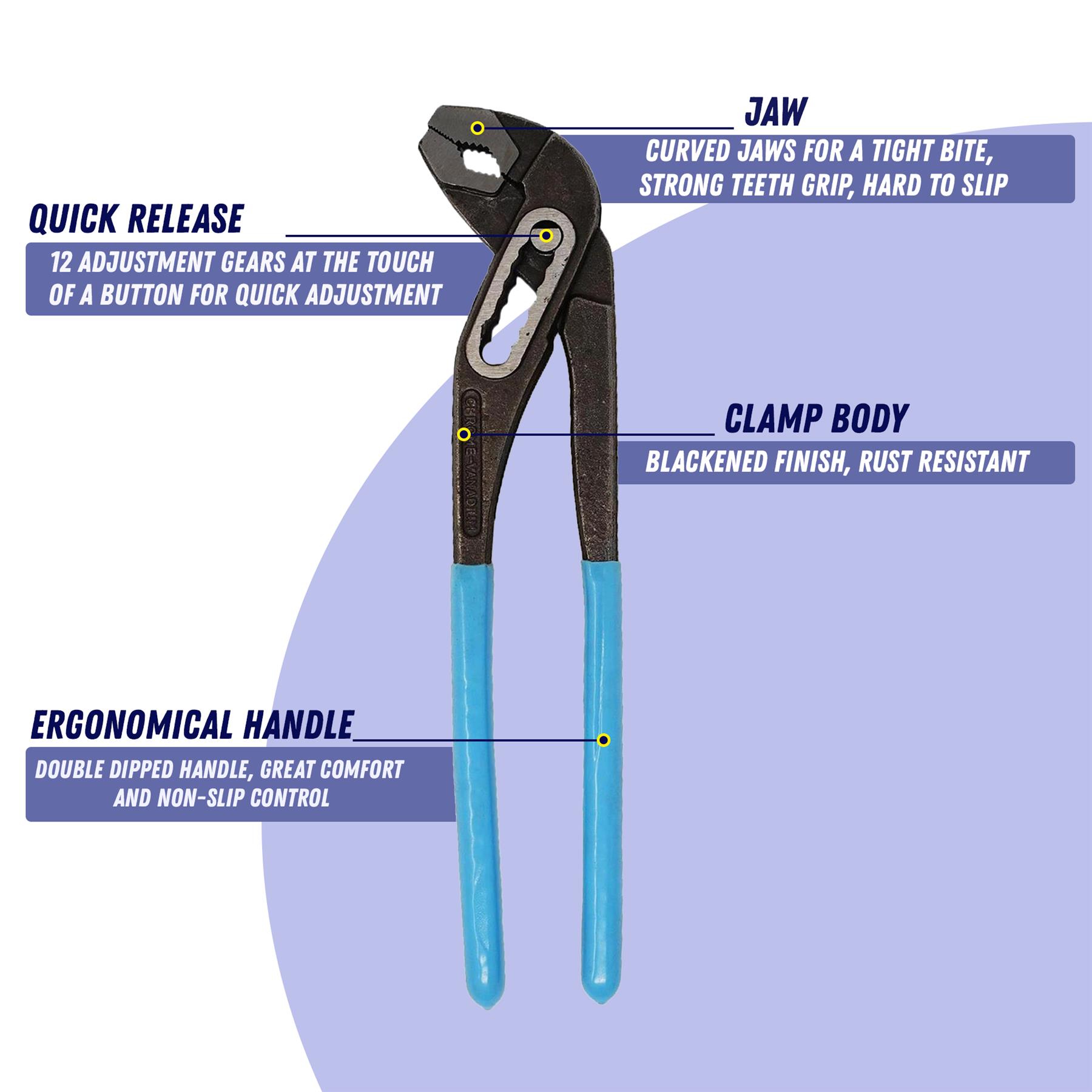 300mm 12" Plumbers Slim Jaw Waterpump Pipe Wrench Pliers Grips Pump Chrome New - Image 3