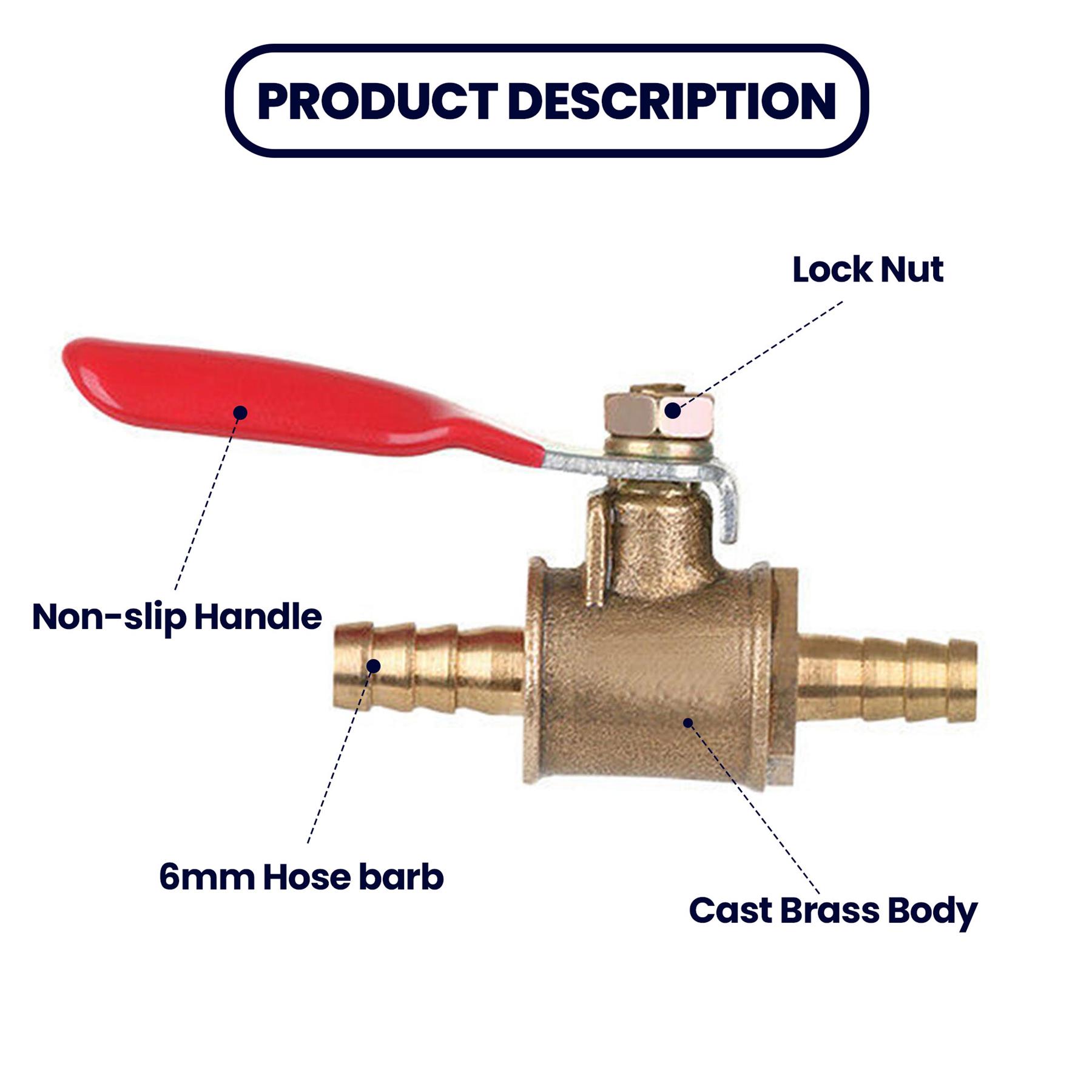 Brass Ball Valve 6mm Red Lever Inline Hose Barb Water Air Gas Fuel Shut-off - Image 2