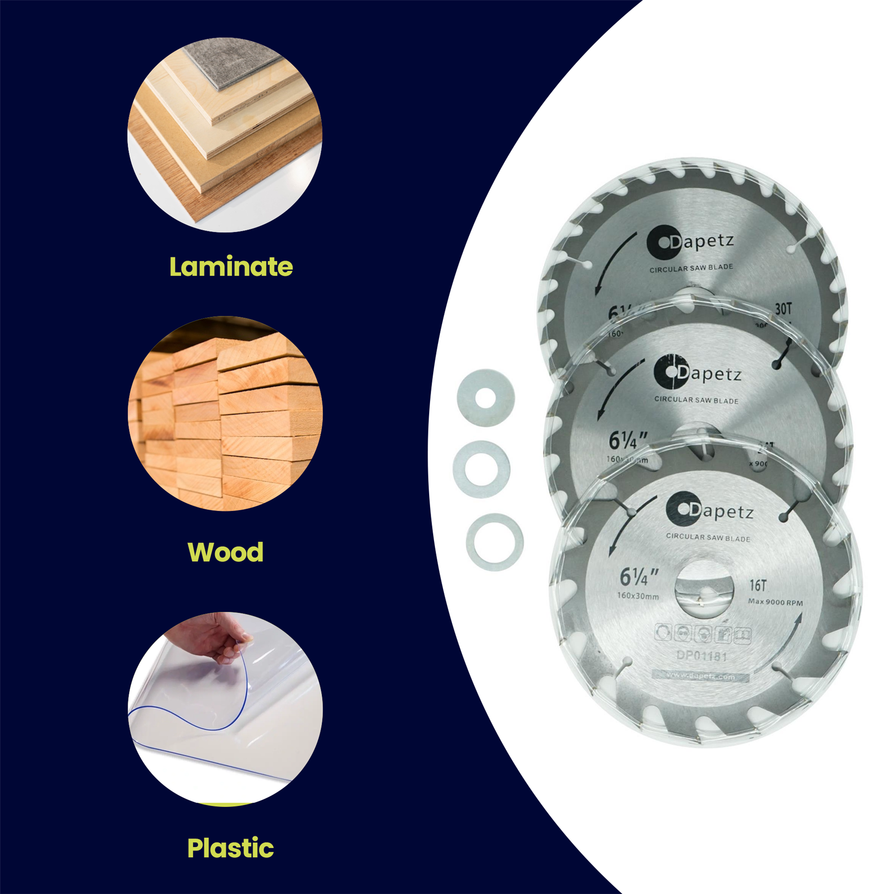 3 Circular Saw Blades 160mm Dia (6 1/4") 30mm Bore 20 & 16 mm Reduction Ring - Image 3