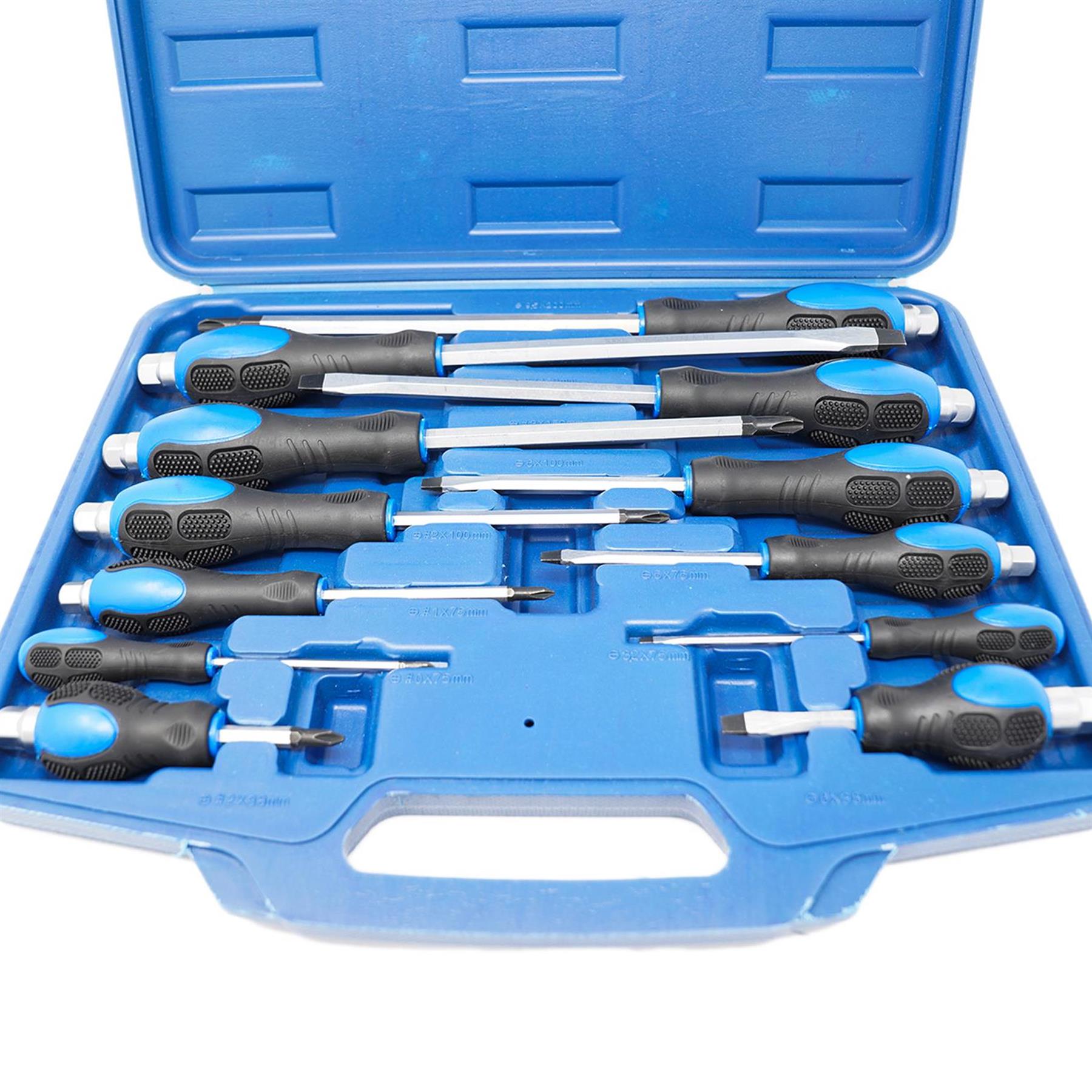 Screwdriver Set Heavy Duty 12 Piece Engineers Mechanics With Hex Bolsters +Case - Image 2