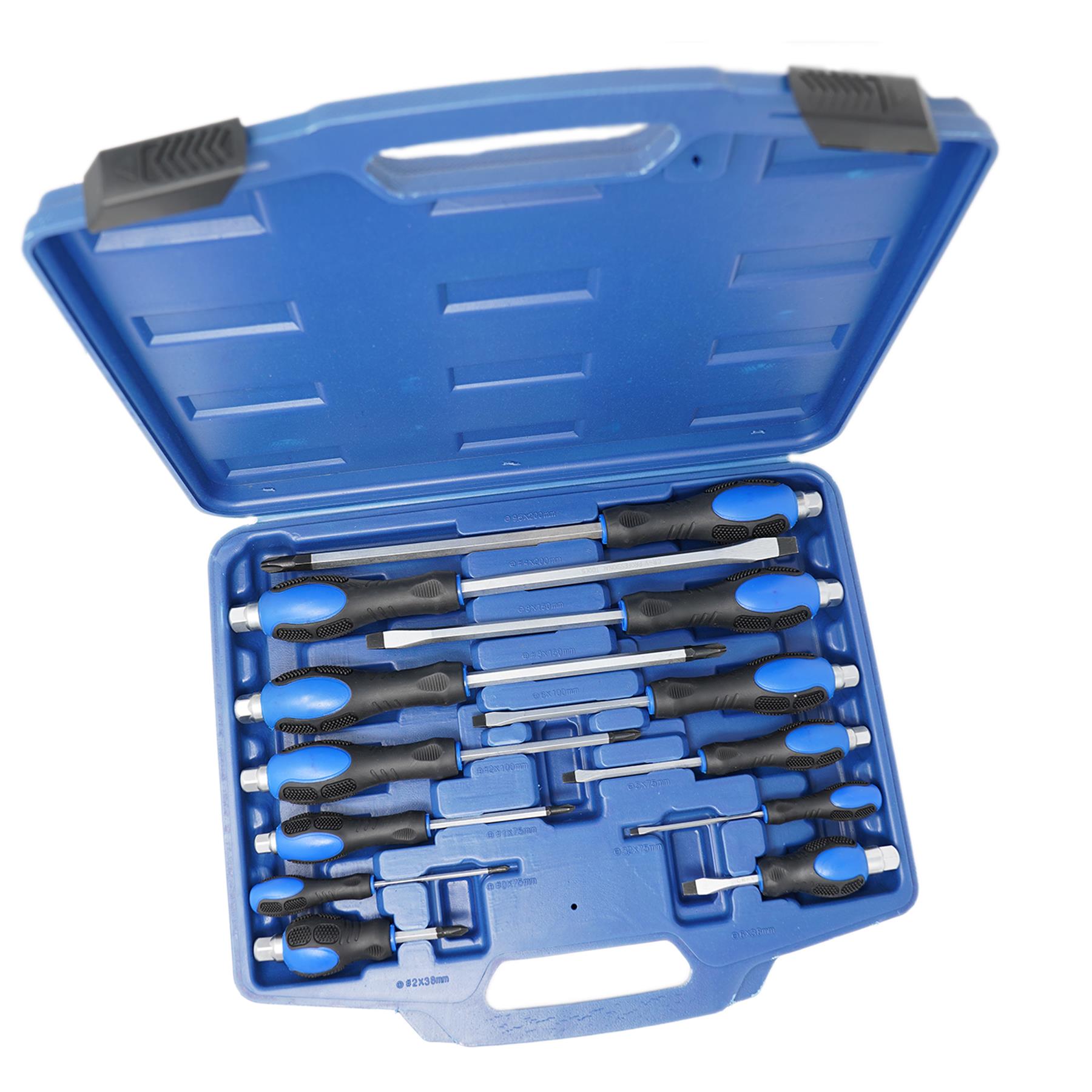 Screwdriver Set Heavy Duty 12 Piece Engineers Mechanics With Hex Bolsters +Case
