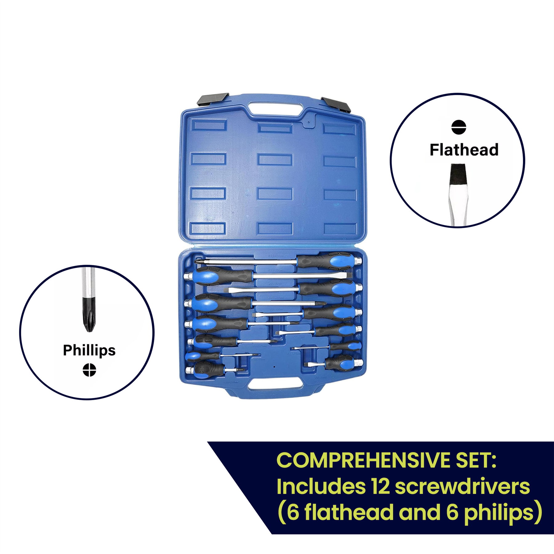 Screwdriver Set Heavy Duty 12 Piece Engineers Mechanics With Hex Bolsters +Case - Image 7